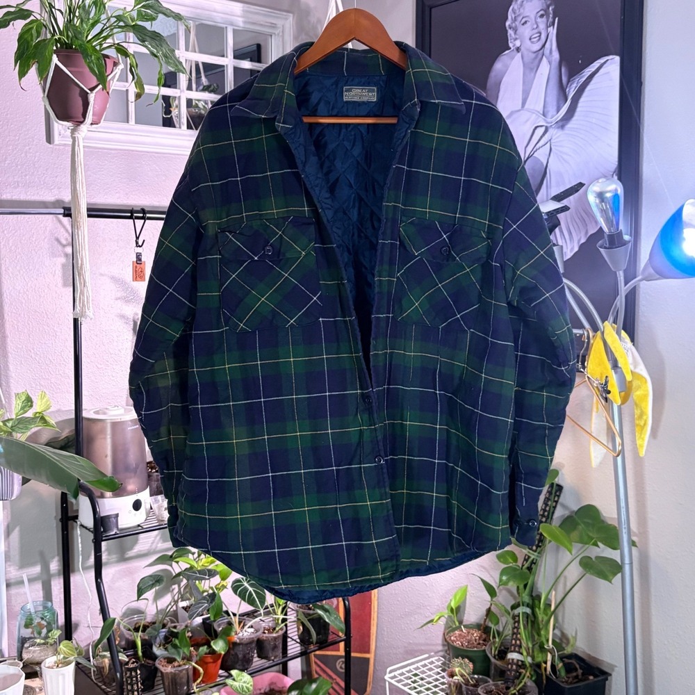 Great Northwest‎ Quilted Plaid Jacket Green Blue Insulated Button Up